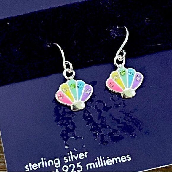 925 Rainbow Crystal Seashell Sterling Silver Earrings - Picture 1 of 3